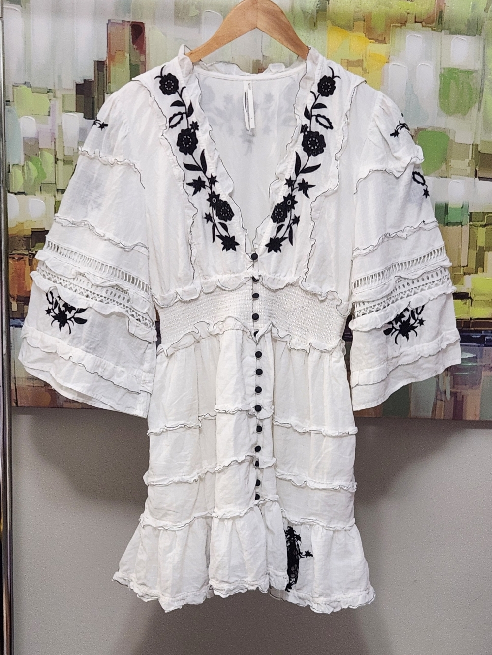 Anthropologie Mini Dress Embroidered Ruffled Vacay Preppy Boho - Picture 6 of 9